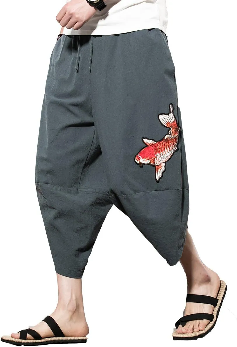 INVACHI Men's Harem Capri Pants Elastic Waist Loose Fit Drawstring Beach Yoga Trousers with Pockets