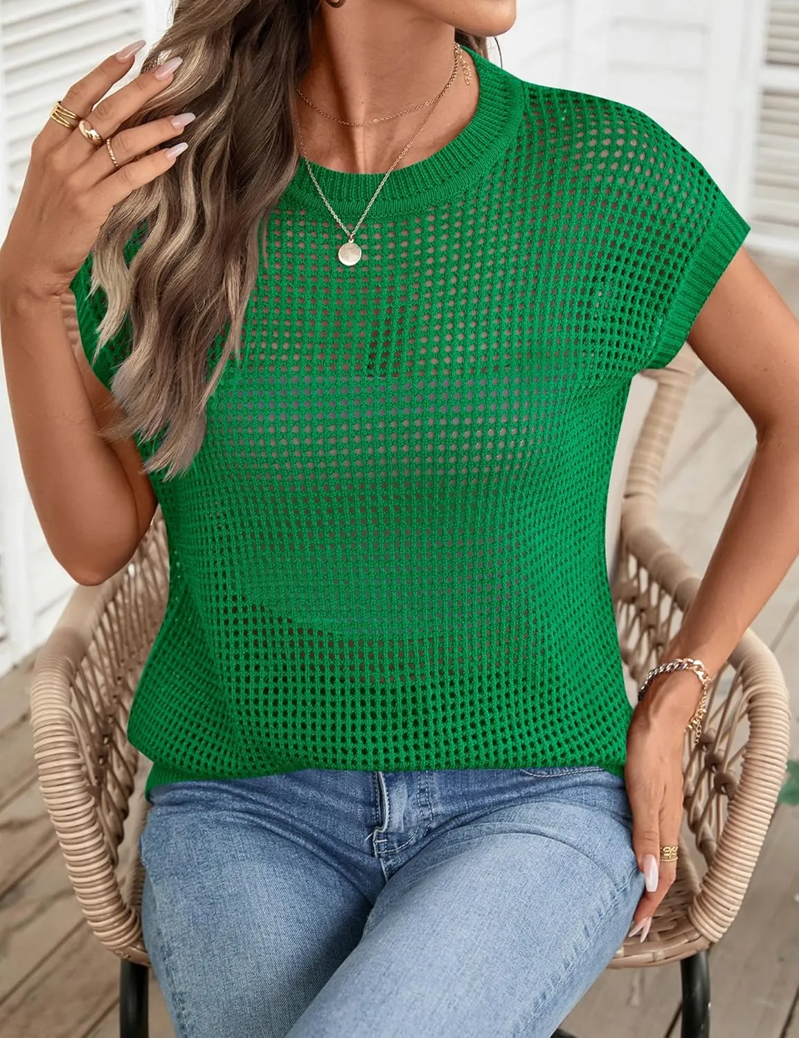 Ivicoer Womens Summer Tops Crochet Cap Sleeve Sweater Hollow Out Beach Vacation Clothes Trendy 2025