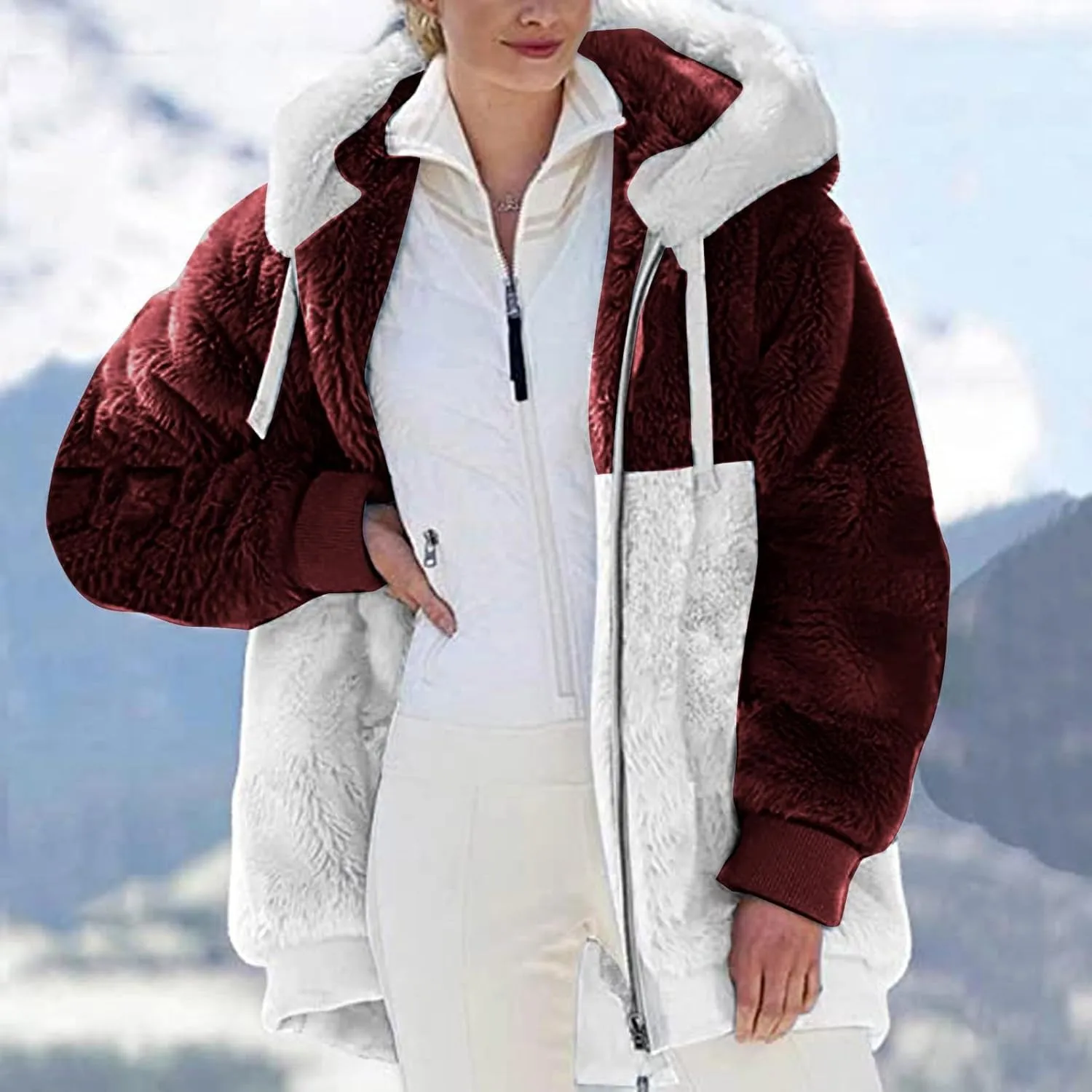 JOFOW Womens Jackets Parka Plaid Block Patchwork Hooded Cotton Quilted Warm Padded Long Loose Coats Winter Plus Size XXXL