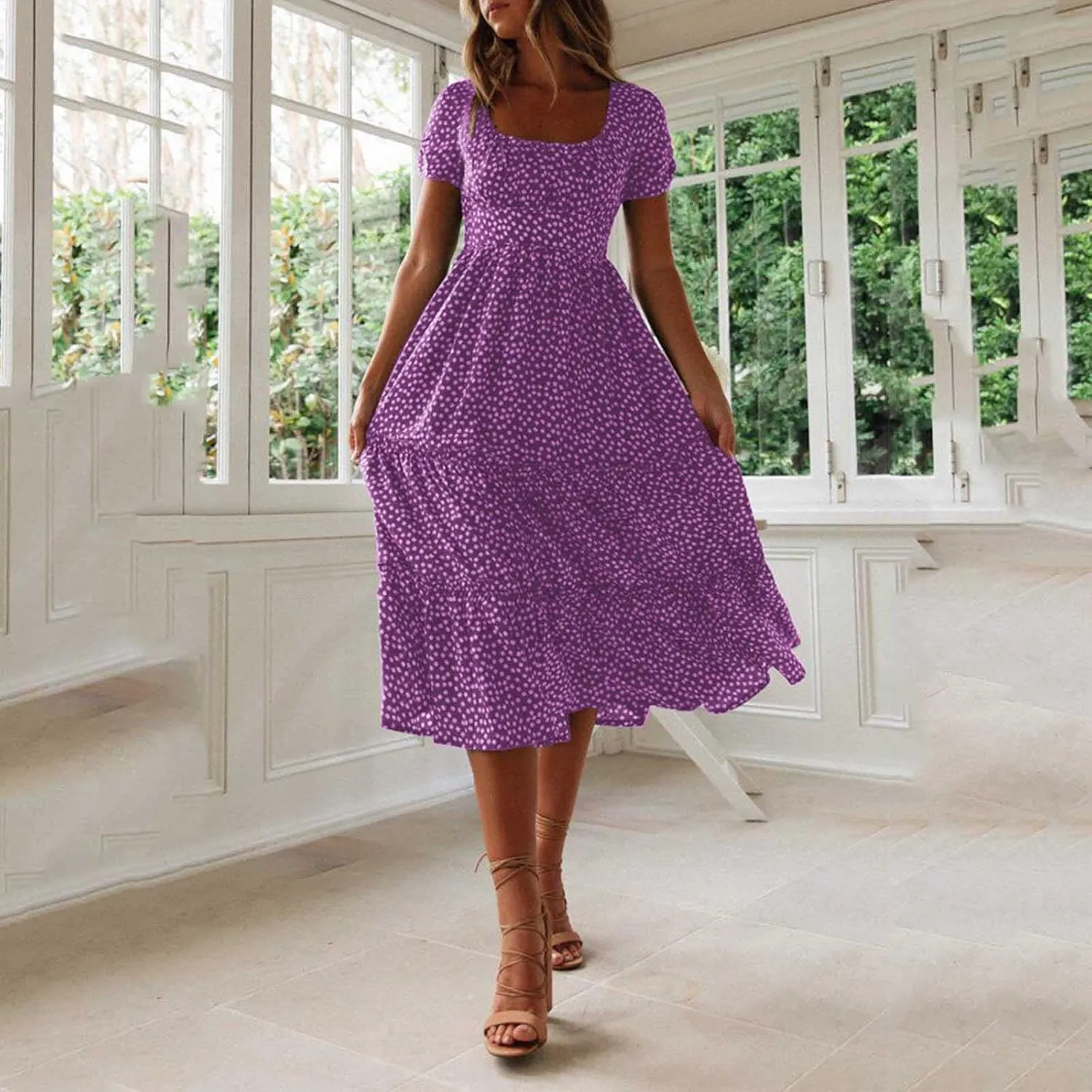 jsaierl Women's Boho Floral Dress Summer Casual Square Neck A Line Swing Dress 2025 Fashion Flowy Beach Sundress Ruffle Dress