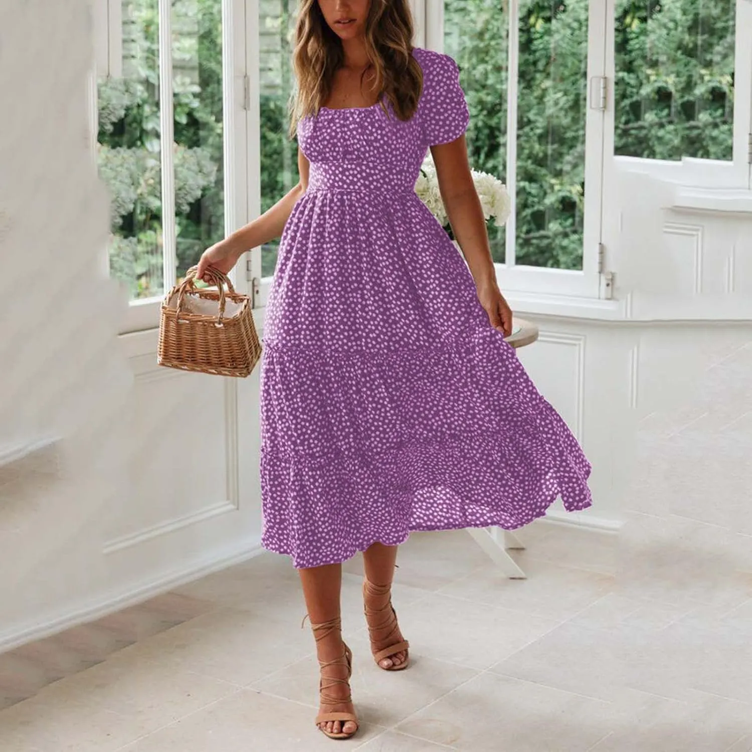 jsaierl Women's Boho Floral Dress Summer Casual Square Neck A Line Swing Dress 2025 Fashion Flowy Beach Sundress Ruffle Dress