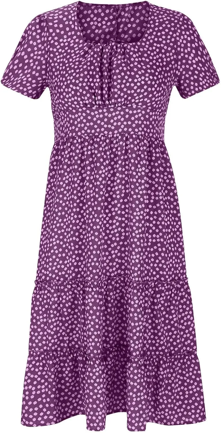 jsaierl Women's Boho Floral Dress Summer Casual Square Neck A Line Swing Dress 2025 Fashion Flowy Beach Sundress Ruffle Dress