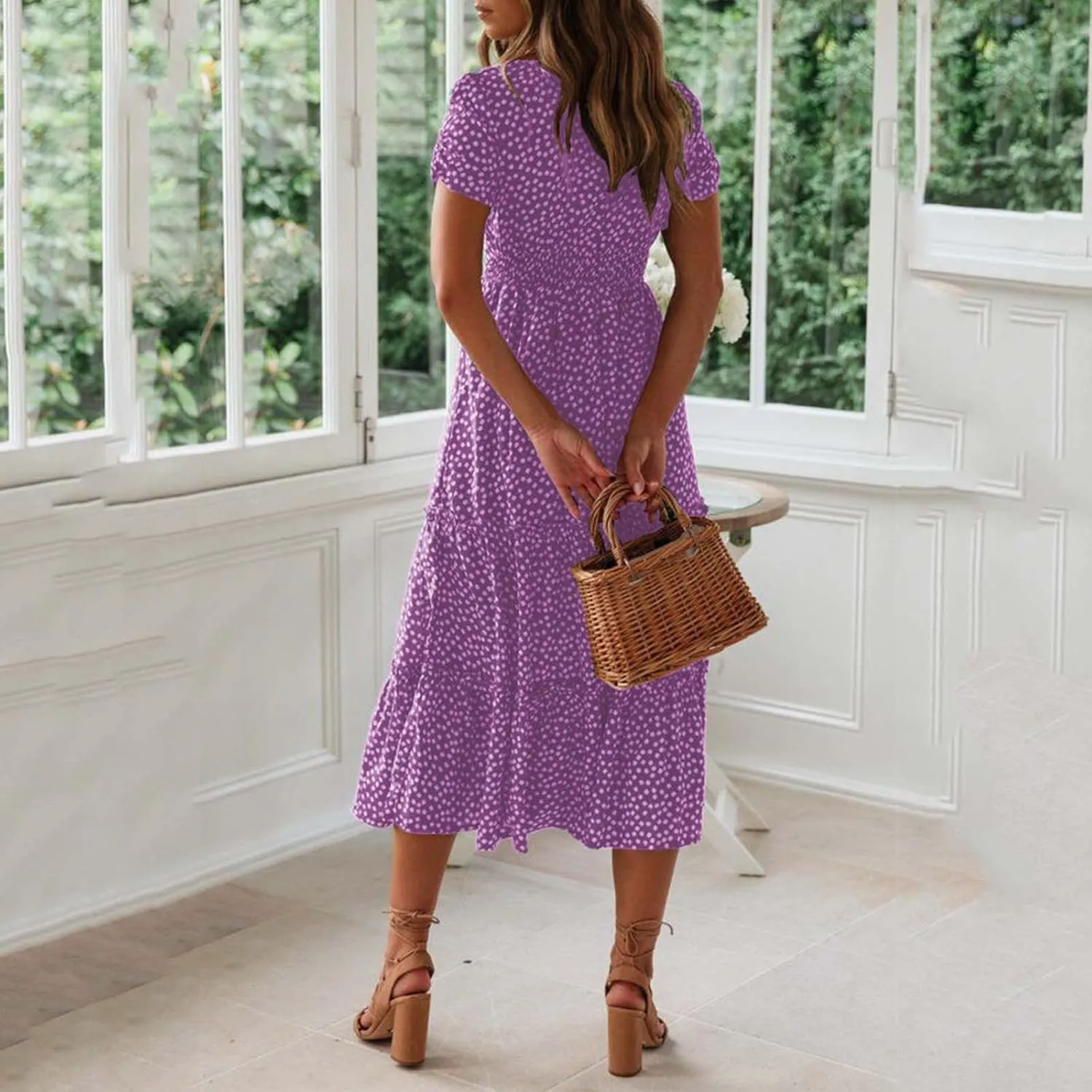 jsaierl Women's Boho Floral Dress Summer Casual Square Neck A Line Swing Dress 2025 Fashion Flowy Beach Sundress Ruffle Dress