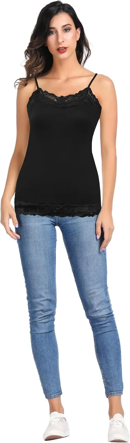 Kate Kasin Women's Adjustable Spaghetti Strap Lace Trim Cami Tunic Tank Top 3PACK