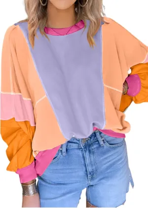 KevaMolly Womens Long Sleeve Tops Colorblock Patchwork Exposed Stitching Oversize Top Round Neck Casual Pullover
