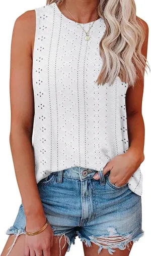 KKJ Womens Tank Tops Eyelet Embroidery Crewneck Sleeveless Going Out Casual Summer Basic Loose Shirts 2025 Fashion Clothes