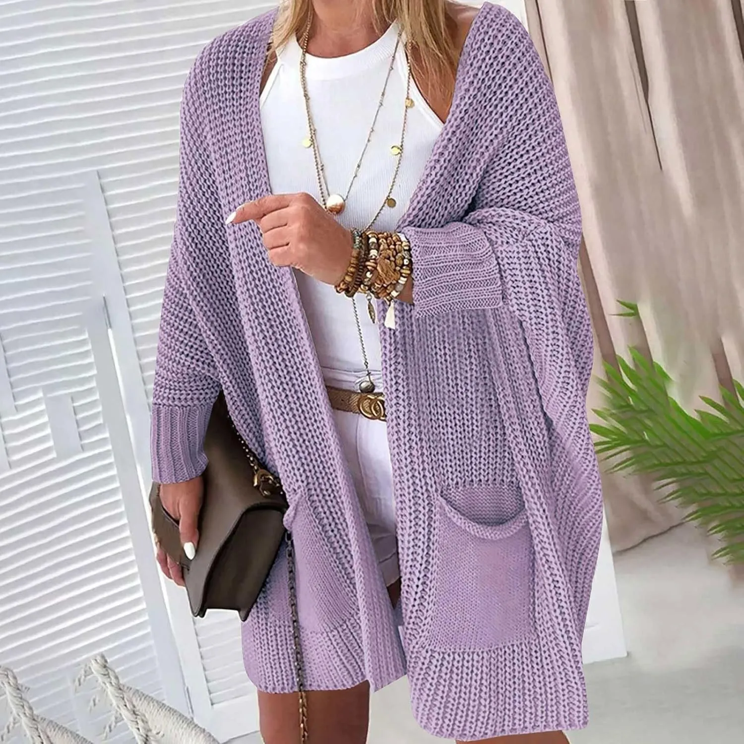 Knit Crochet Sweater Cardigan for Women Open Front Solid Long Sleeve Outwear with Pockets 2024 Winter