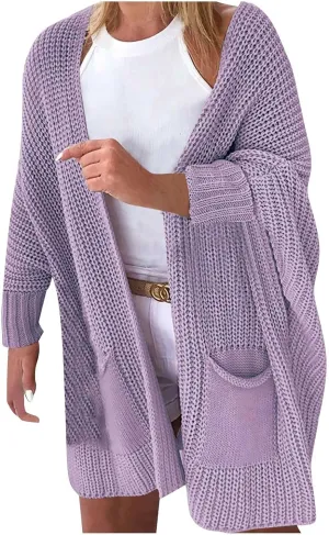 Knit Crochet Sweater Cardigan for Women Open Front Solid Long Sleeve Outwear with Pockets 2024 Winter