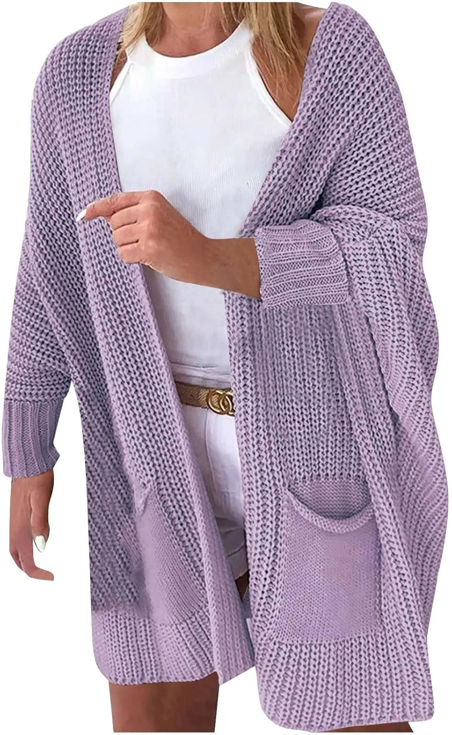 Knit Crochet Sweater Cardigan for Women Open Front Solid Long Sleeve Outwear with Pockets 2024 Winter