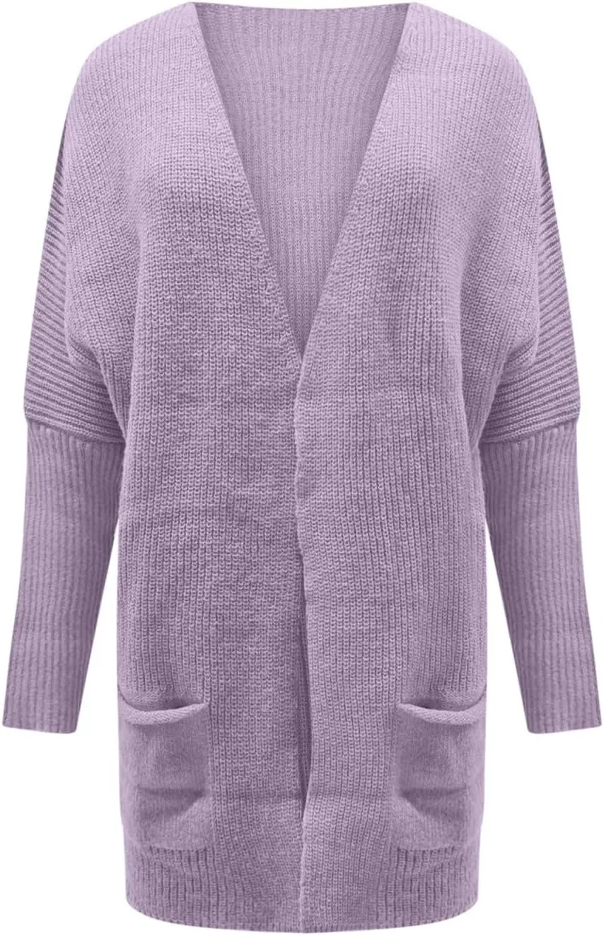 Knit Crochet Sweater Cardigan for Women Open Front Solid Long Sleeve Outwear with Pockets 2024 Winter