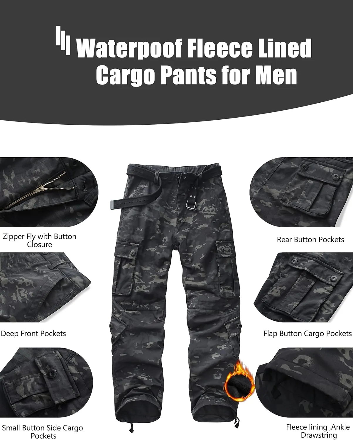KOCTHOMY Mens Fleece Lined Hiking Pants,Winter Outdoor Thermal Casual Work Cargo Pants with Multi Pockets, No Belt.