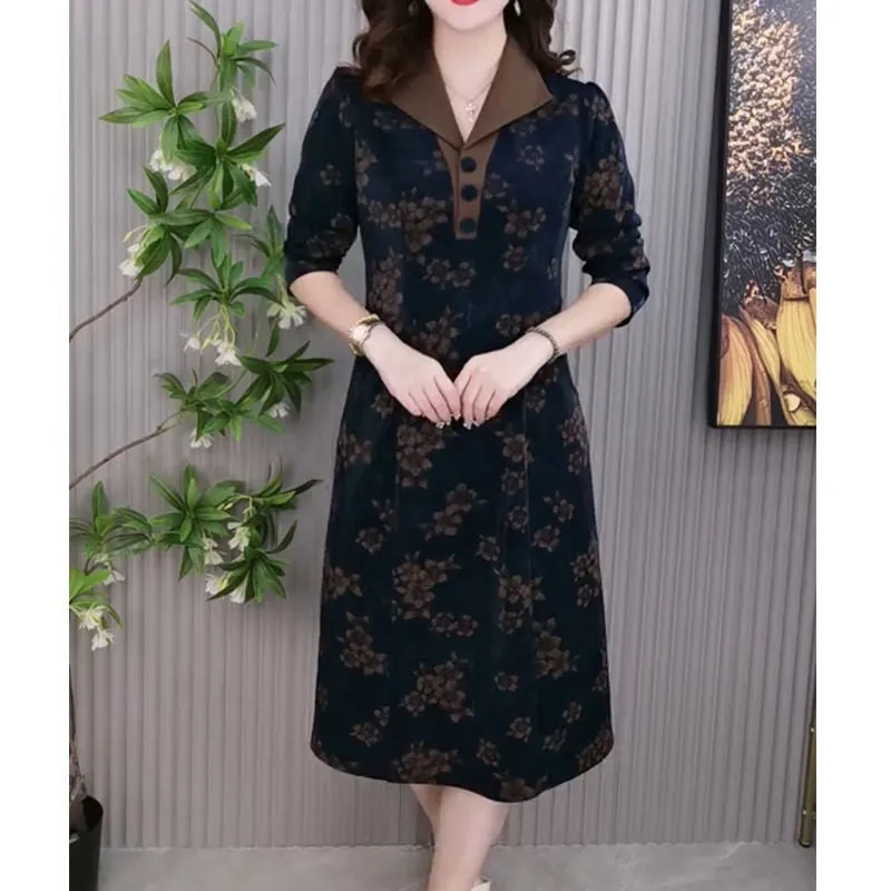 Lapel V-neck Slim Fashion Long Sleeve A-line Dress