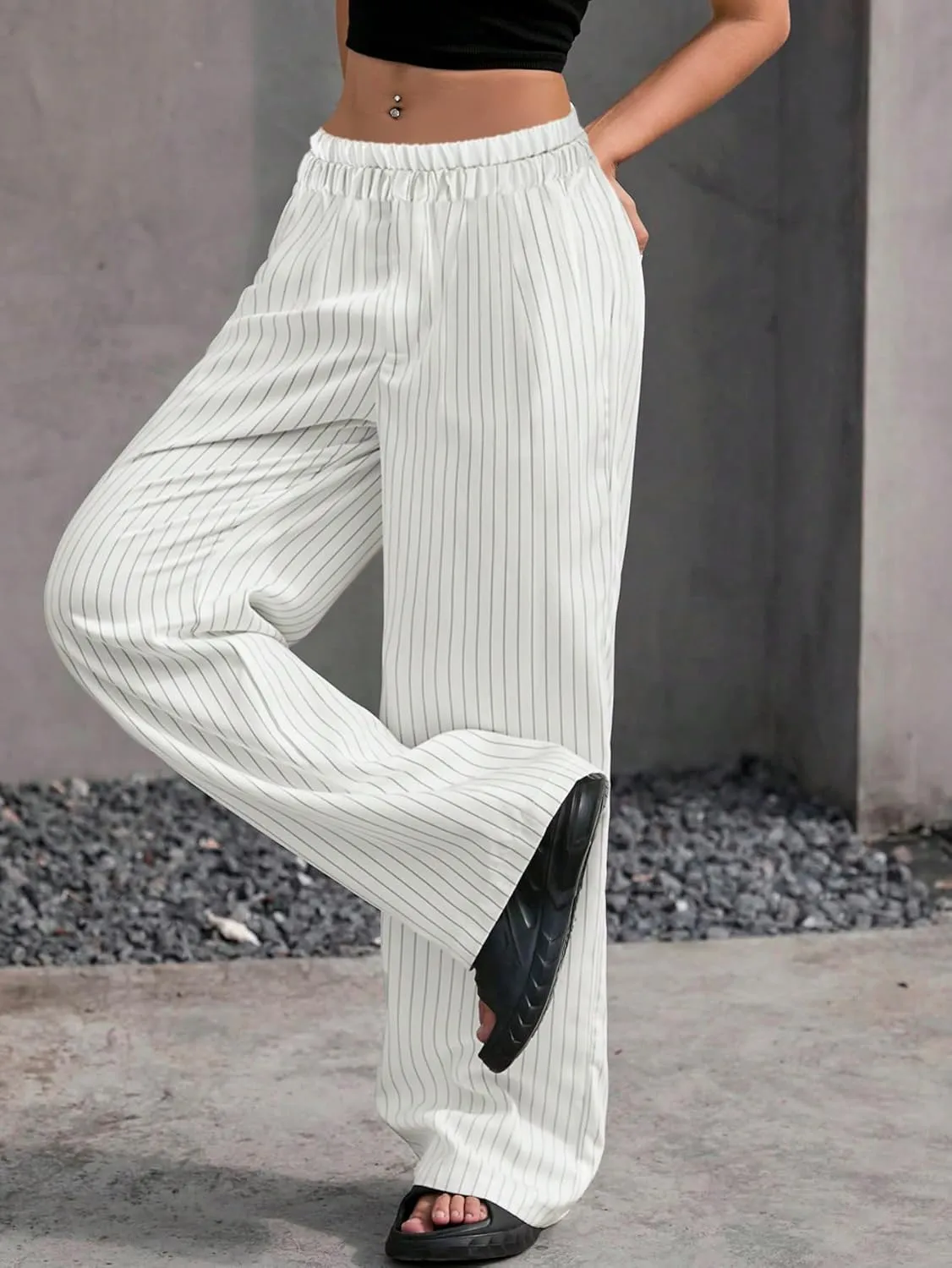 Lesore Womens Striped Color Block High Elastic Waist Wide Leg Pants Trousers Long Straight Suit Pants
