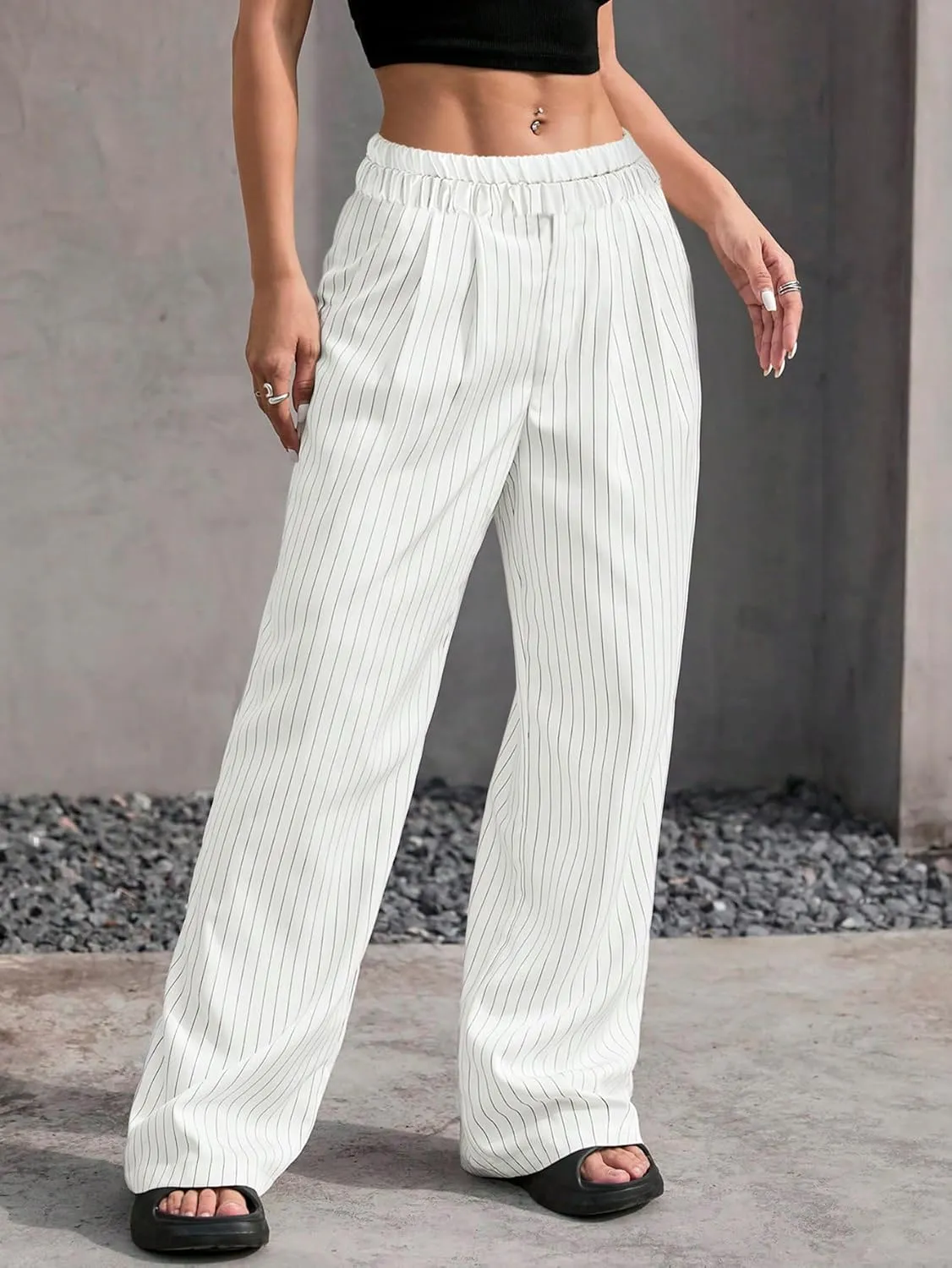 Lesore Womens Striped Color Block High Elastic Waist Wide Leg Pants Trousers Long Straight Suit Pants