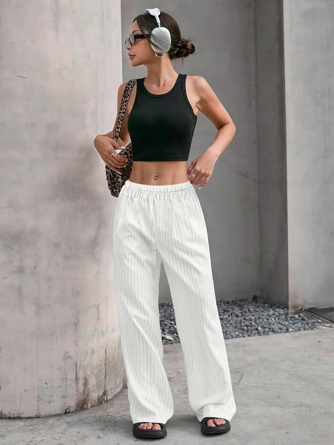 Lesore Womens Striped Color Block High Elastic Waist Wide Leg Pants Trousers Long Straight Suit Pants