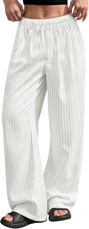 Lesore Womens Striped Color Block High Elastic Waist Wide Leg Pants Trousers Long Straight Suit Pants