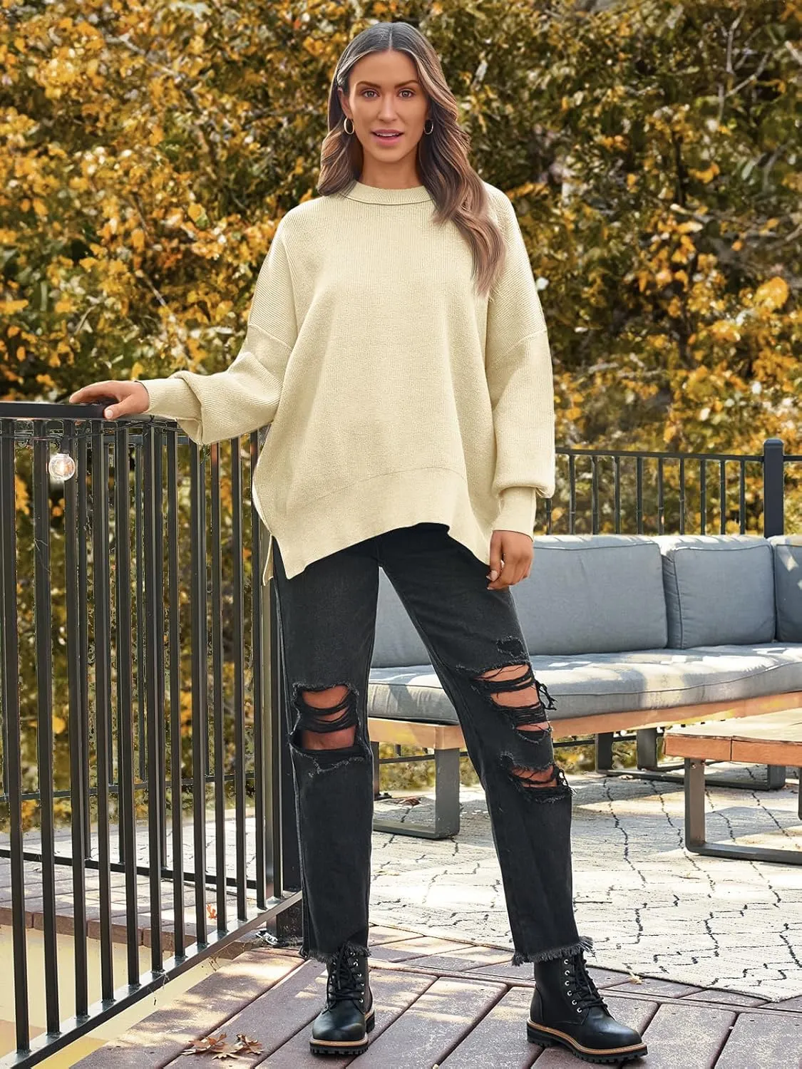 LILLUSORY Women's Oversized Batwing Sweaters 2025 Fall Outfits Trendy Crewneck Knit Side Slit Fashion Pullover Tops