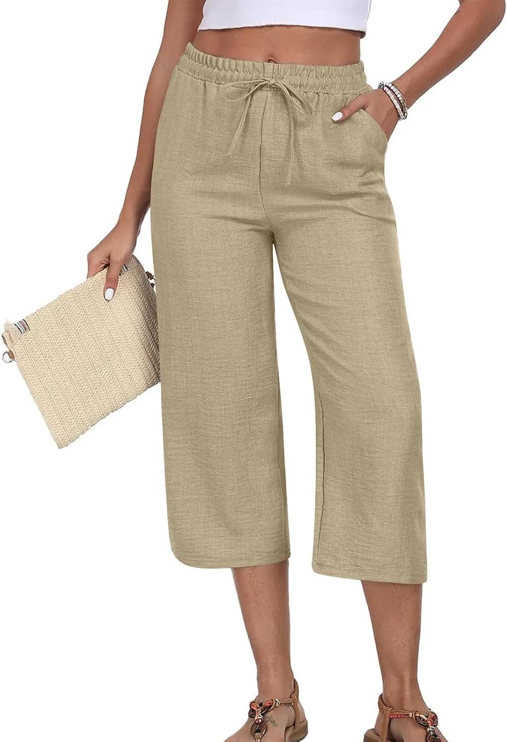 Linen Capri Pants for Women 2025 Casual Elastic Waist Cropped Trouser Trendy Resort Wear Beach Vacation Capris Clothes