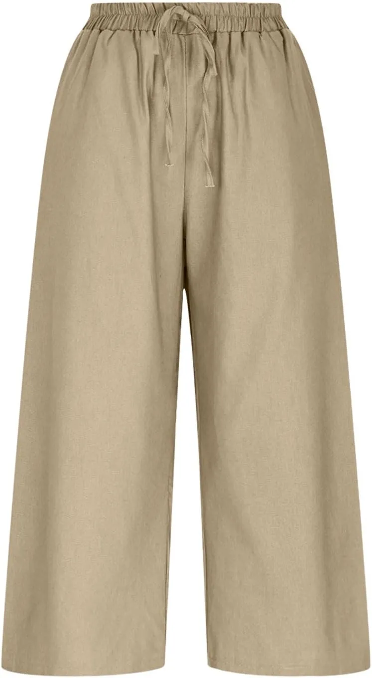 Linen Capri Pants for Women 2025 Casual Elastic Waist Cropped Trouser Trendy Resort Wear Beach Vacation Capris Clothes