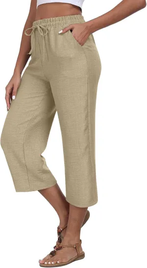 Linen Capri Pants for Women 2025 Casual Elastic Waist Cropped Trouser Trendy Resort Wear Beach Vacation Capris Clothes