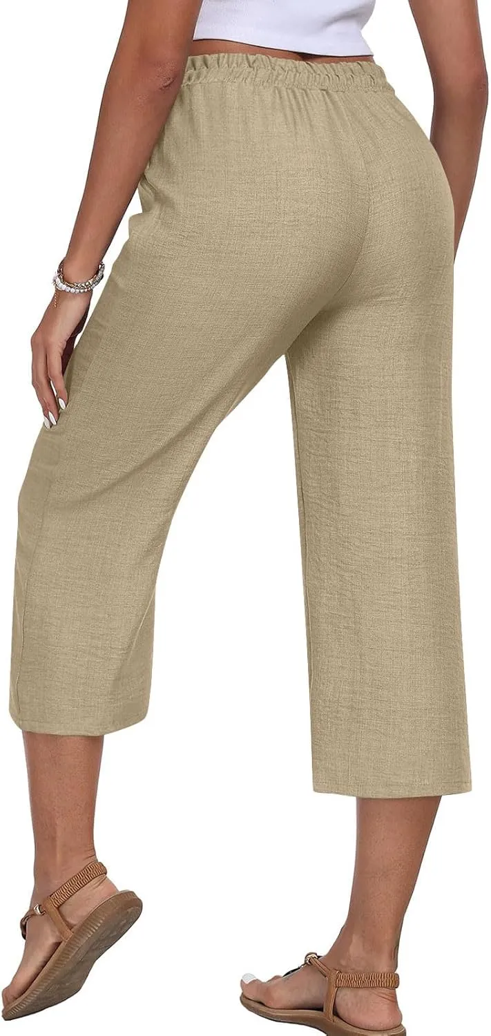 Linen Capri Pants for Women 2025 Casual Elastic Waist Cropped Trouser Trendy Resort Wear Beach Vacation Capris Clothes