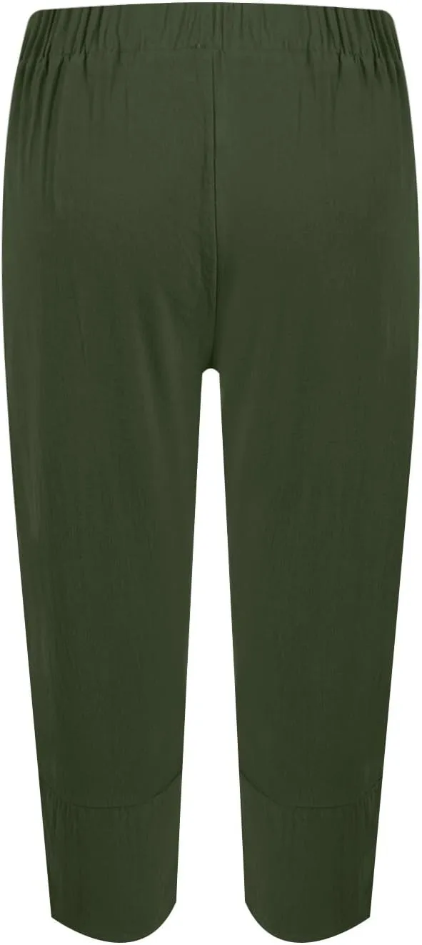 Linen Capri Pants for Women Summer Drawstring Elastic Waist Straight Wide Leg Cropped Trousers Beach Vacation Clothes