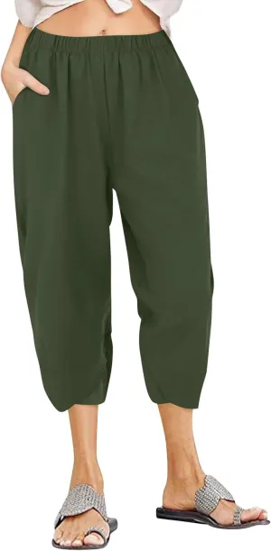 Linen Capri Pants for Women Summer Drawstring Elastic Waist Straight Wide Leg Cropped Trousers Beach Vacation Clothes
