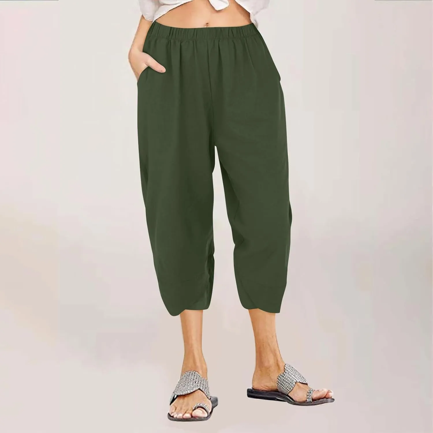 Linen Capri Pants for Women Summer Drawstring Elastic Waist Straight Wide Leg Cropped Trousers Beach Vacation Clothes