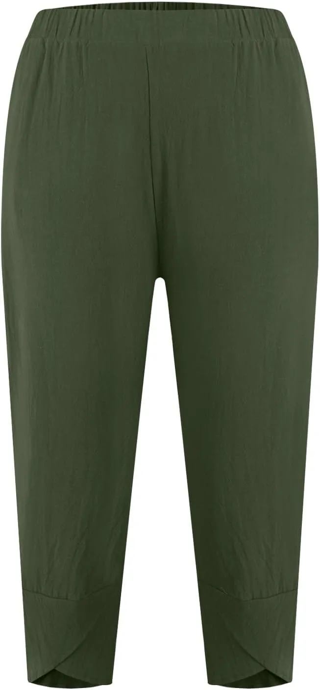Linen Capri Pants for Women Summer Drawstring Elastic Waist Straight Wide Leg Cropped Trousers Beach Vacation Clothes