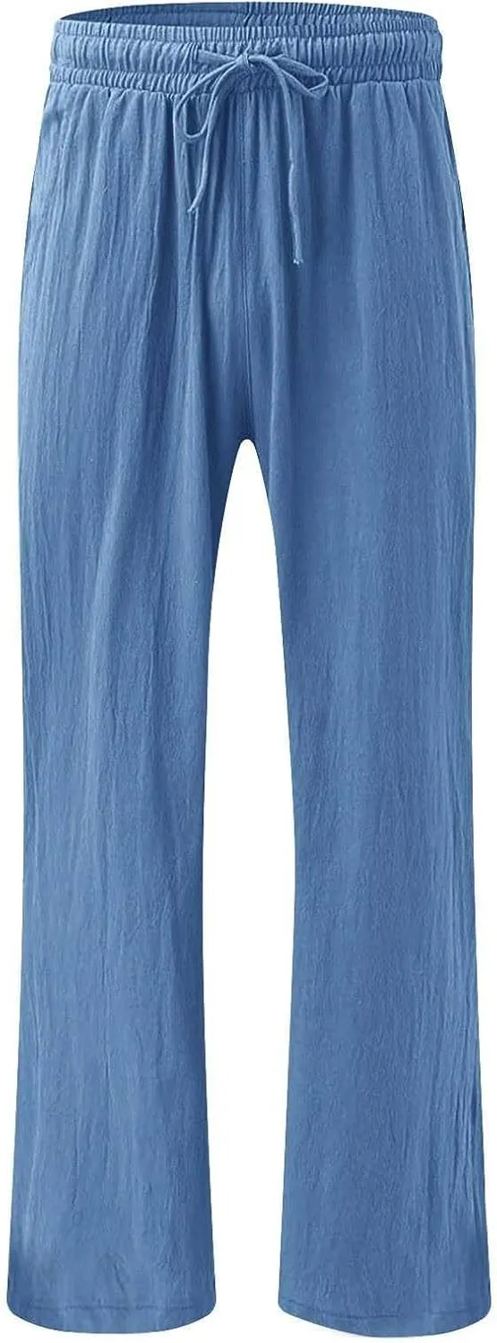 Linen Pants for Women Summer Wide Leg Palazzo Pants Drawstring Elastic Waist Loose Boho Pants Casual Beach Trousers