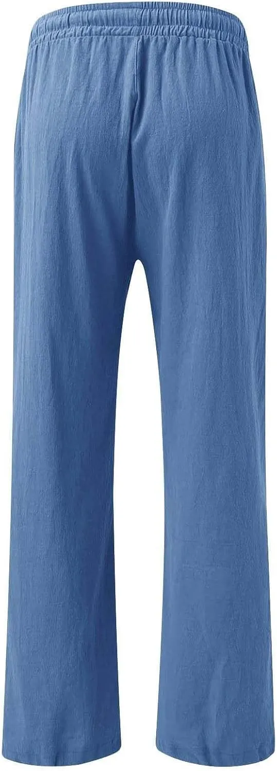 Linen Pants for Women Summer Wide Leg Palazzo Pants Drawstring Elastic Waist Loose Boho Pants Casual Beach Trousers
