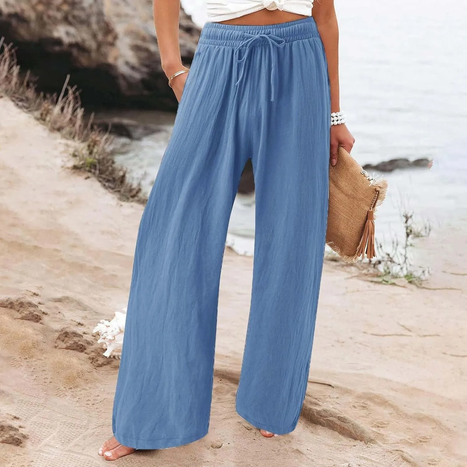 Linen Pants for Women Summer Wide Leg Palazzo Pants Drawstring Elastic Waist Loose Boho Pants Casual Beach Trousers