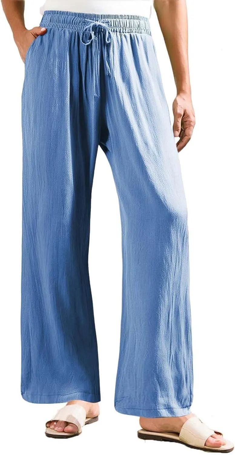 Linen Pants for Women Summer Wide Leg Palazzo Pants Drawstring Elastic Waist Loose Boho Pants Casual Beach Trousers