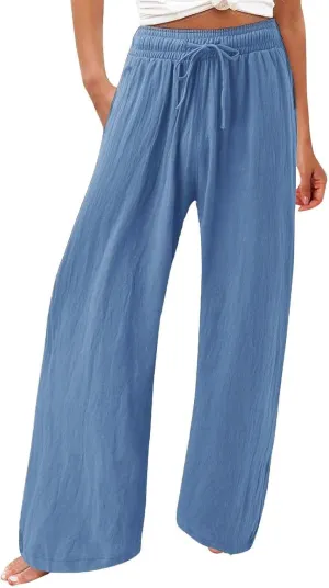 Linen Pants for Women Summer Wide Leg Palazzo Pants Drawstring Elastic Waist Loose Boho Pants Casual Beach Trousers