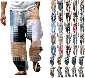 Linen Pants Men Tall Summer Printed Cotton Linen Pants Drawstring Elastic Waist Straight Leg Beach Yoga Baggy Pants (B9-Grey,XX-Large)