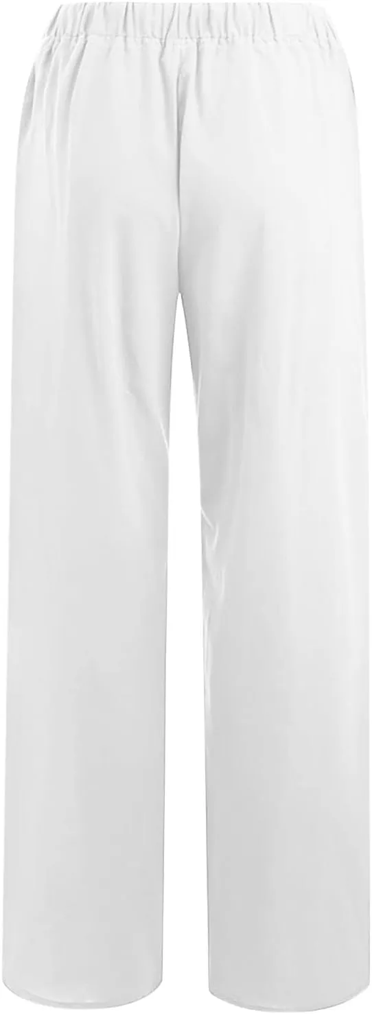 Linen Pants Women 2024 Summer Wide Leg Casual Palazzo Trousers Drawstring Elastic Waist Beach Vacation Outfits