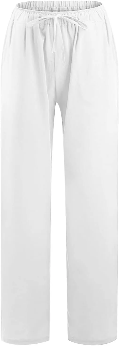 Linen Pants Women 2024 Summer Wide Leg Casual Palazzo Trousers Drawstring Elastic Waist Beach Vacation Outfits