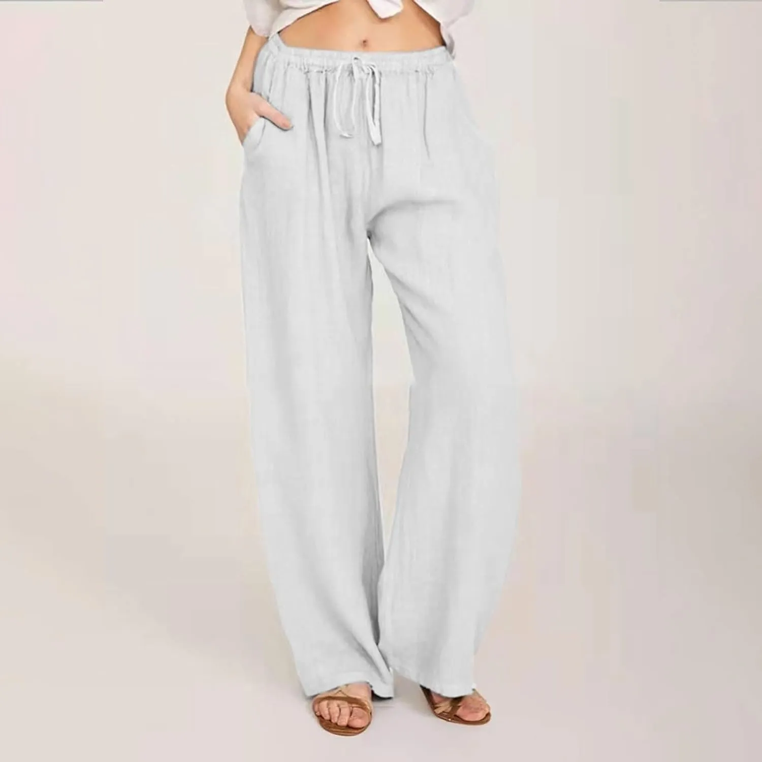 Linen Pants Women 2024 Summer Wide Leg Casual Palazzo Trousers Drawstring Elastic Waist Beach Vacation Outfits