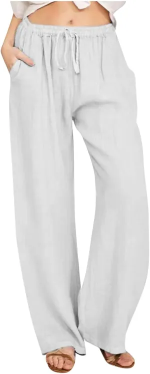 Linen Pants Women 2024 Summer Wide Leg Casual Palazzo Trousers Drawstring Elastic Waist Beach Vacation Outfits