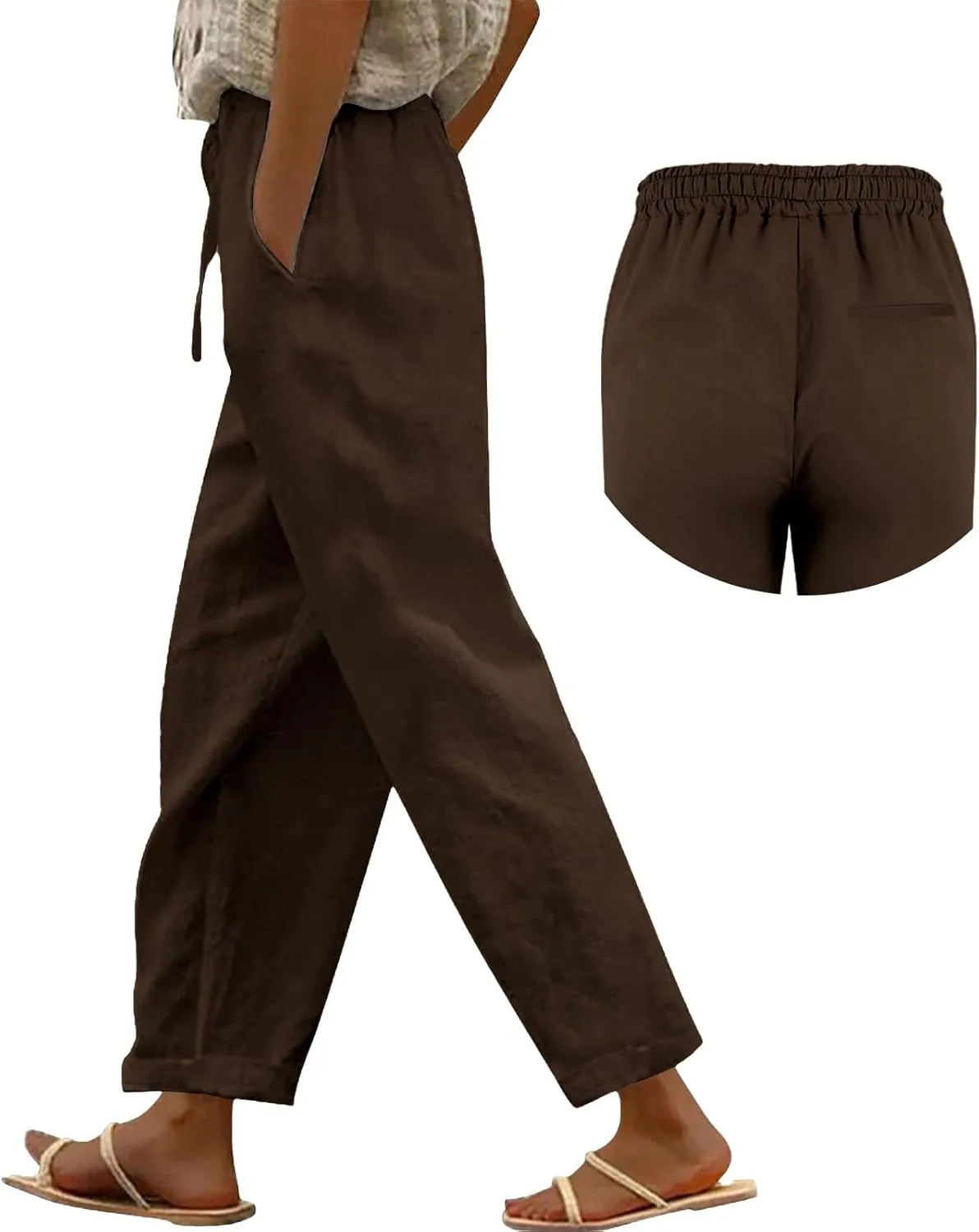 Linen Pants Women 2025 Summer Casual Elastic Waist Straight Leg Lounge Pant Plus Size Loose Drawstring Beach Trousers