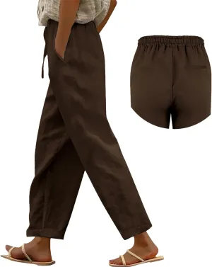 Linen Pants Women 2025 Summer Casual Elastic Waist Straight Leg Lounge Pant Plus Size Loose Drawstring Beach Trousers