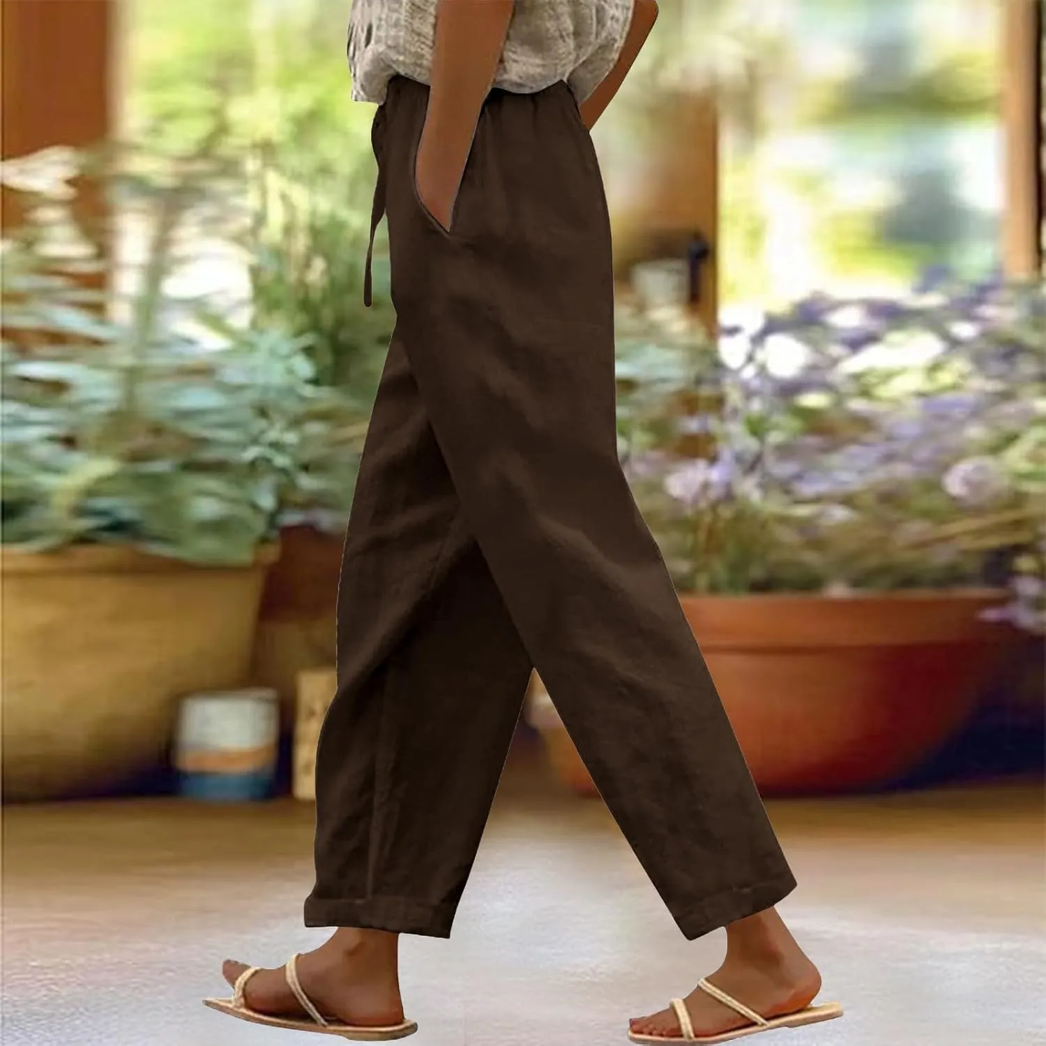 Linen Pants Women 2025 Summer Casual Elastic Waist Straight Leg Lounge Pant Plus Size Loose Drawstring Beach Trousers