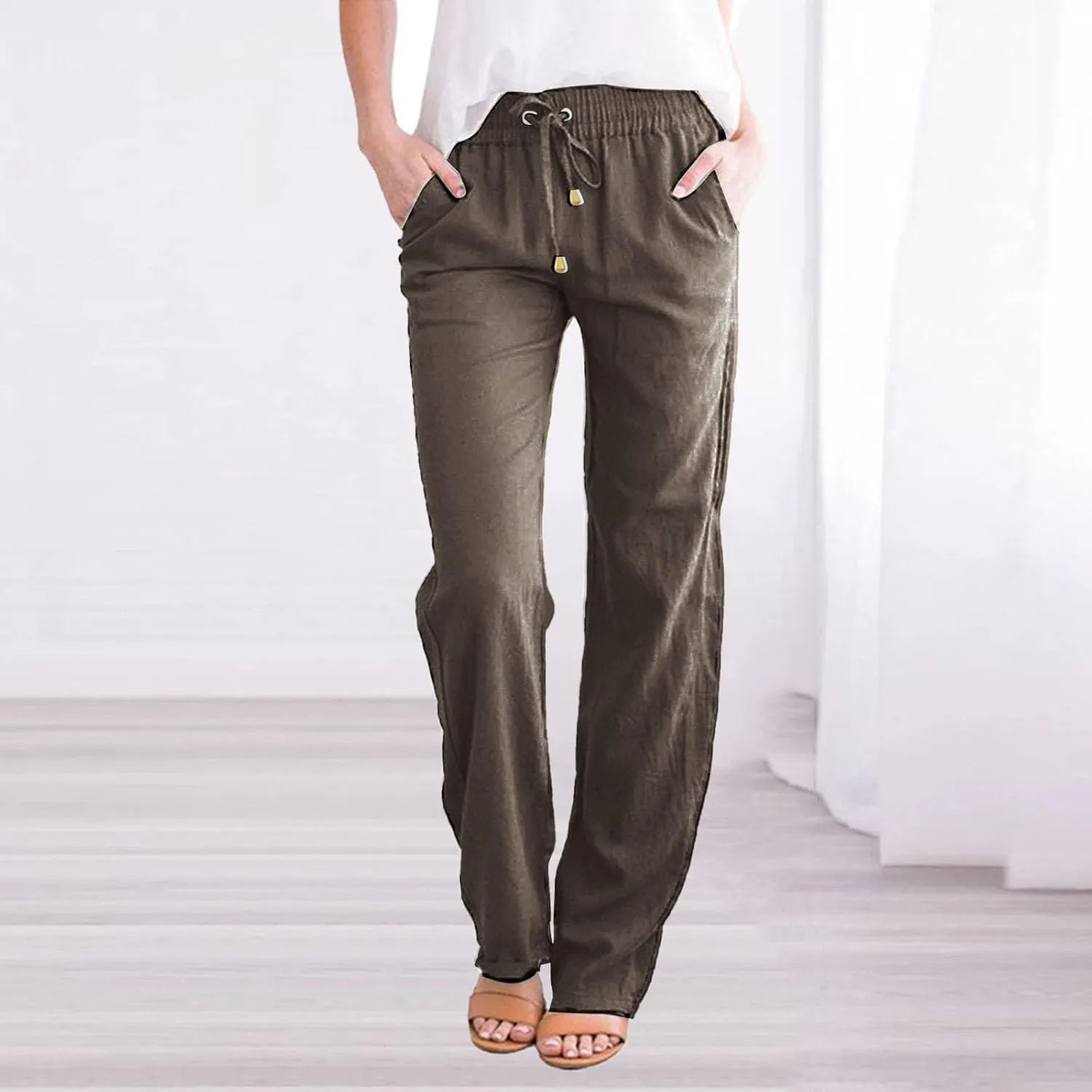 Linen Pants Women Casual Summer Beach Breathable Trousers Cotton Linen Drawstring Elastic Waist Tapered Pants with Pockets
