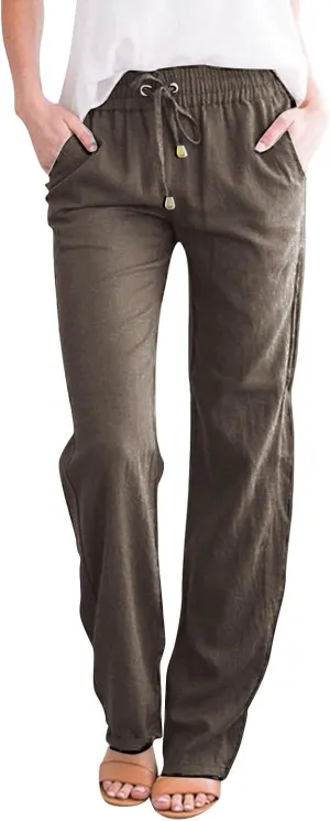 Linen Pants Women Casual Summer Beach Breathable Trousers Cotton Linen Drawstring Elastic Waist Tapered Pants with Pockets