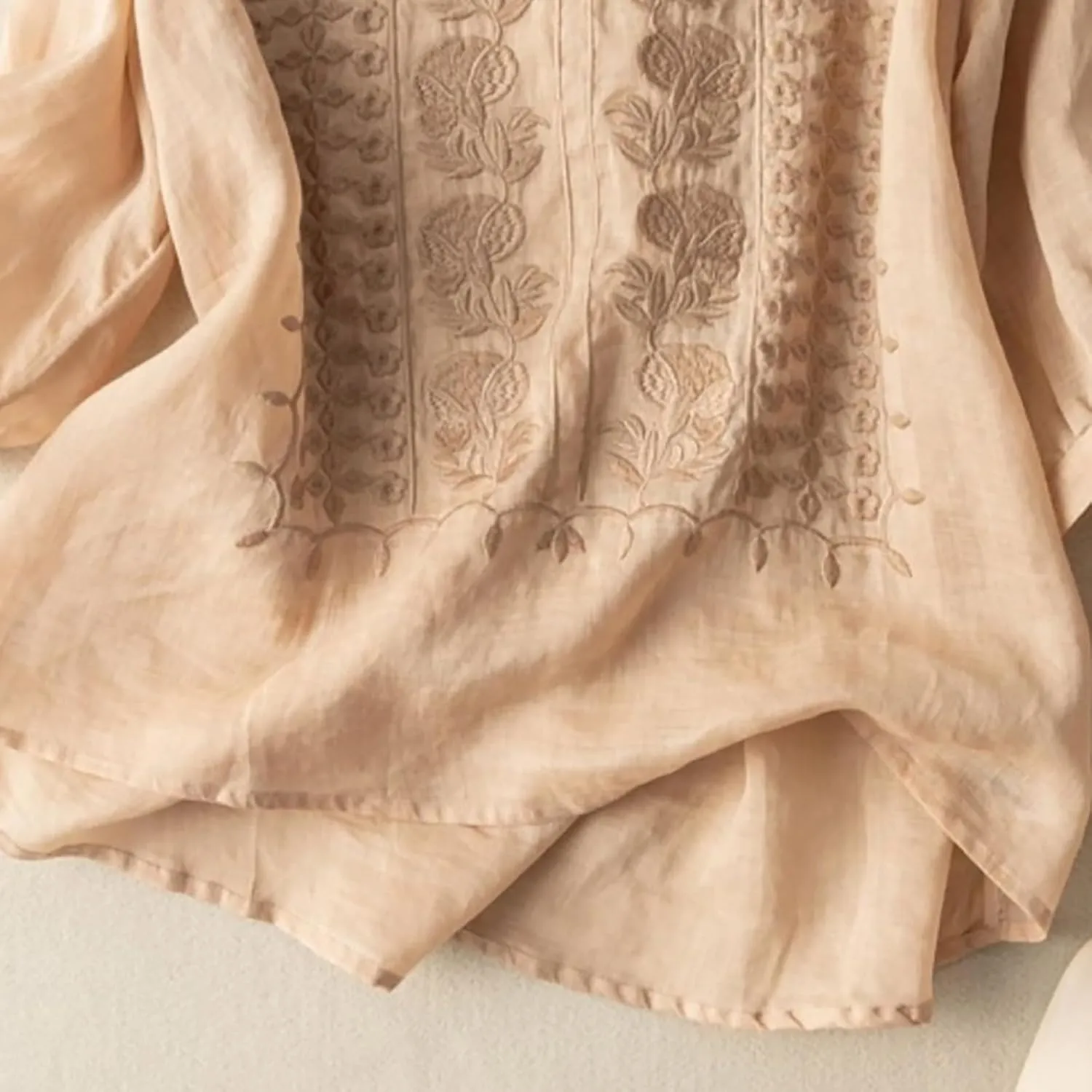 Linen Shirts for Women Summer 2025 Retro Embroidered 3/4 Sleeve Boho Tops Dressy Casual Blouses Teacher Loose Tunics