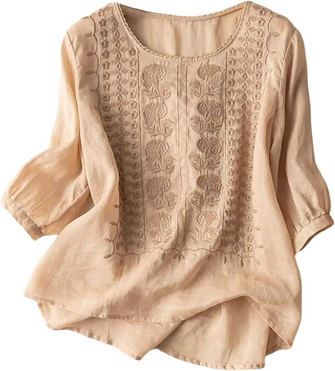 Linen Shirts for Women Summer 2025 Retro Embroidered 3/4 Sleeve Boho Tops Dressy Casual Blouses Teacher Loose Tunics