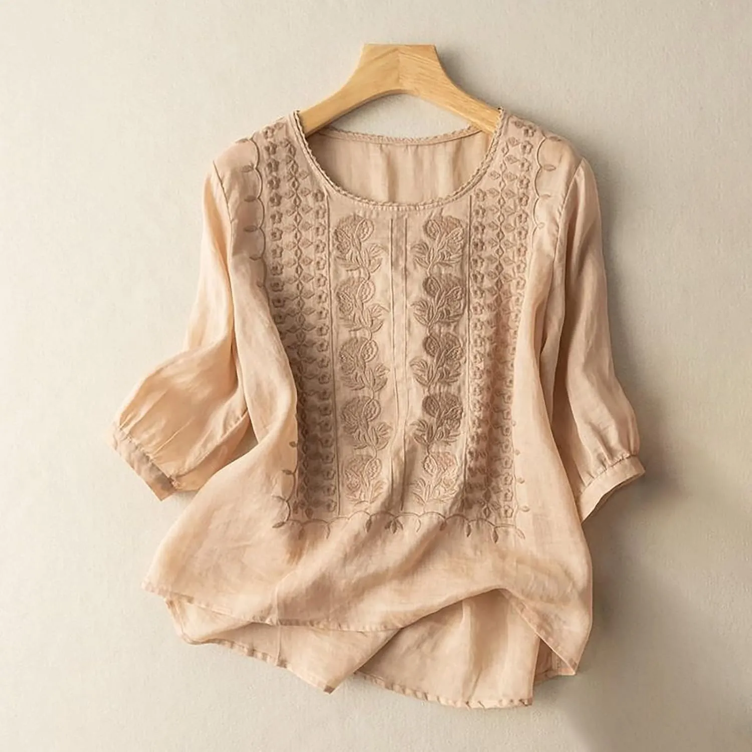Linen Shirts for Women Summer 2025 Retro Embroidered 3/4 Sleeve Boho Tops Dressy Casual Blouses Teacher Loose Tunics