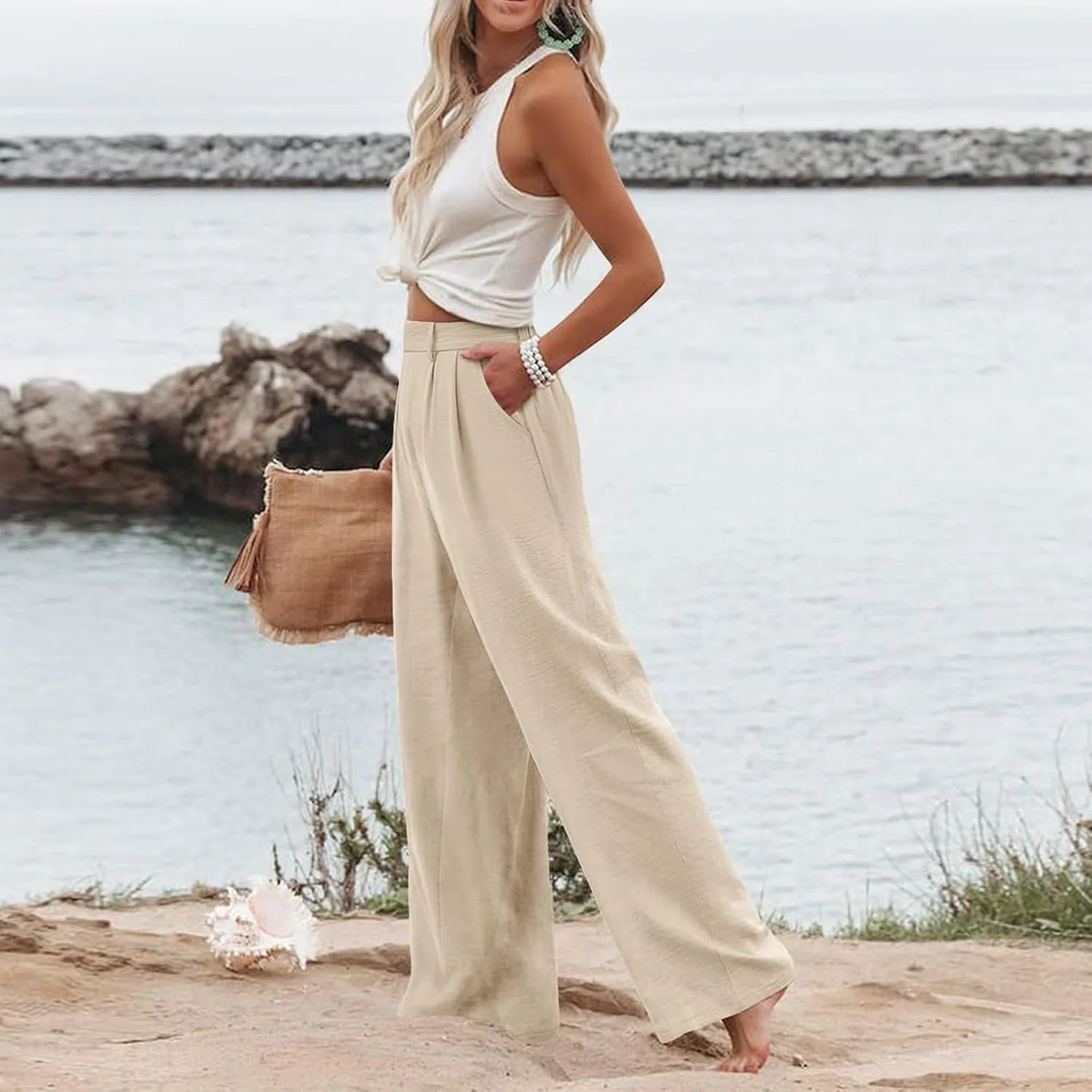 Linen Wide Leg Dress Pants Women Business Casual Elastic Waist Comfy Work Pants Lightweight Vacation Beach Trousers