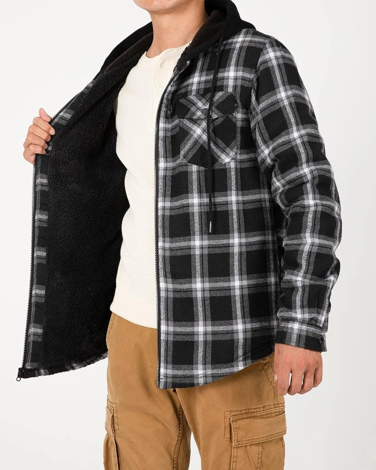 Lisskolo Men's Sherpa Flannel Jacket with Hood Plaid Zip Up Fleece Lined Hooded Shirt Jackets for Men