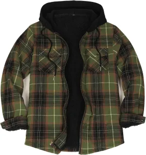 Lisskolo Men's Sherpa Flannel Jacket with Hood Plaid Zip Up Fleece Lined Hooded Shirt Jackets for Men